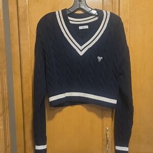 TNA Blue and White V-Neck Cropped Sweater